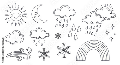 Hand drawn weather icons set with sun moon clouds rain snowflakes and rainbow.
