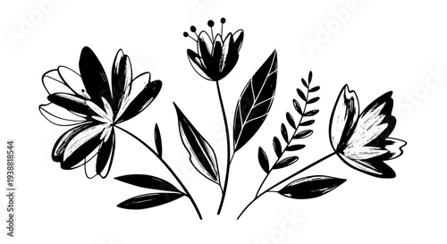 Hand-drawn black and white floral arrangement with various blooming flowers and leaves.
