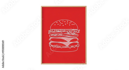 Minimal Burger Line Art Poster in Wooden Frame on Red Background, Fast Food Wall Art Illustration