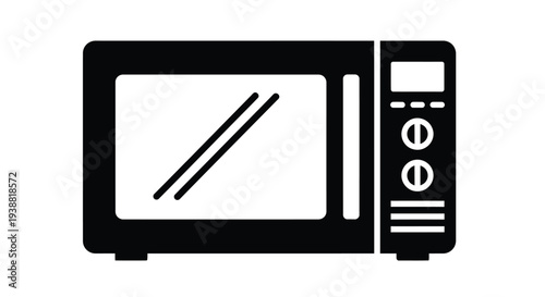 Classic black and white microwave oven icon representing modern kitchen appliances, food preparation, quick heating solutions, and essential home cooking technology for everyday domestic convenience.