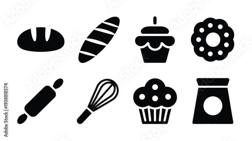 Bakery silhouette logo collection black icons of baked goods and tools on white background