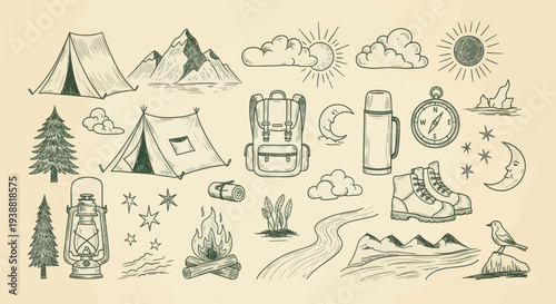 Hand-drawn camping and outdoor adventure elements collection.