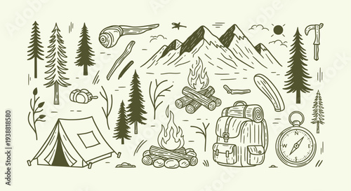 Hand-drawn camping and outdoor adventure elements set.