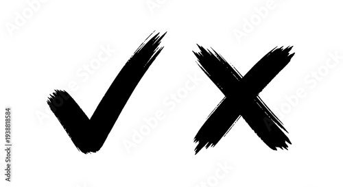 Hand-drawn check mark and cross mark in black brush strokes.