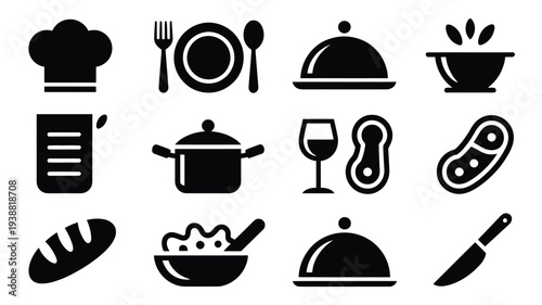 Restaurant food and drink icons set including chef hat utensils plate wine glass bread and covered dishes on white background for culinary business or recipe design