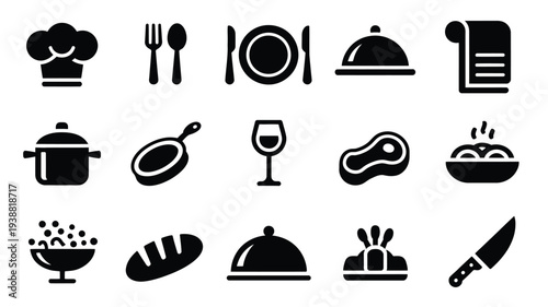 Restaurant food icons set including chef hat utensils dishes wine glass and kitchen tools on white background