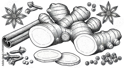 Hand-drawn illustration of ginger root, cinnamon sticks, star anise, cloves, and peppercorns.