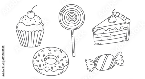 Hand-drawn outline of various sweet treats including a cupcake, lollipop, cake slice, donut, and wrapped candy.