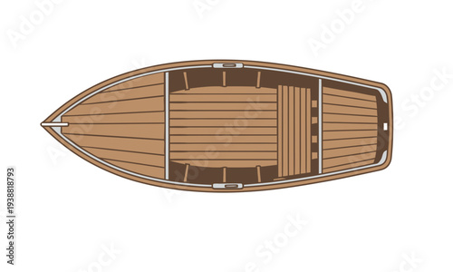 Top view of a wooden rowboat, illustrating its interior structure and design for water transport