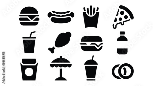 Fast food silhouette logo bundle with burgers fries pizza and drinks arranged on white background for menu design