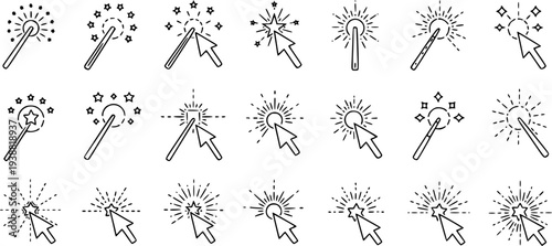 Magic Wand and Cursor Icons, Sparkle Effect Line Art, Fantasy Technology Symbol