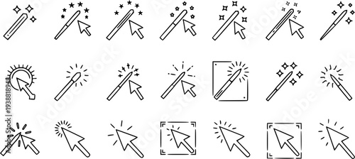 Set of magic wand and cursor icons, black and white line art, vector graphics, technology and design tools
