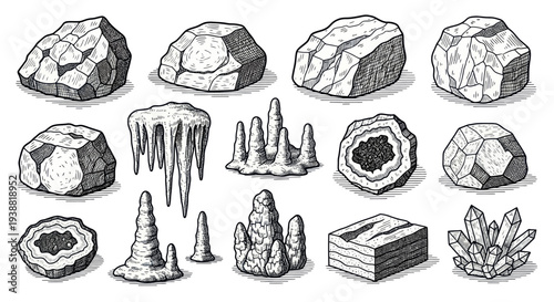 Hand-drawn sketch collection of various natural minerals and cave formations.