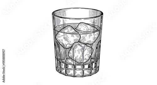 Hand-drawn sketch of a glass of water with ice cubes, refreshing beverage illustration.
