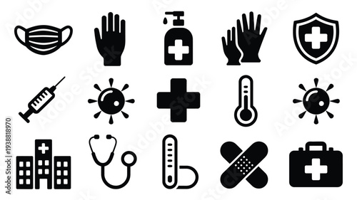Medical protection icons set including masks gloves and healthcare symbols in black silhouette on white background for safety and wellness concepts