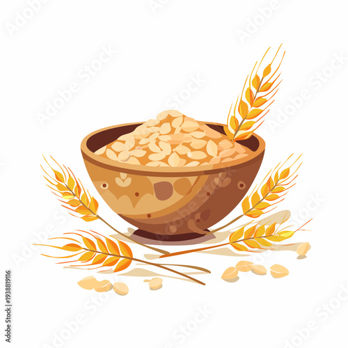 A Rustic Ceramic Bowl Overflowing With Golden Rolled Oats Surrounded By Wheat Stalks And Scattered Grains On A White Background