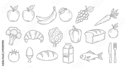 Hand-drawn sketch of various healthy food items, including fruits, vegetables, and bread.