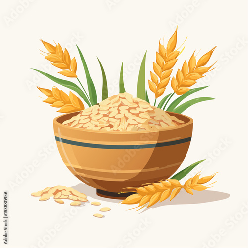 A Rustic Wooden Bowl Filled With Golden Rolled Oats And Surrounded By Wheat Stalks Against A Soft Cream Background Representing Healthy Breakfast And Natural Grains In Warm Sunlight