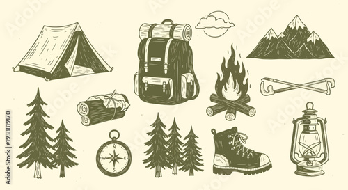 Hand-drawn vintage camping and hiking essentials collection for outdoor adventure.