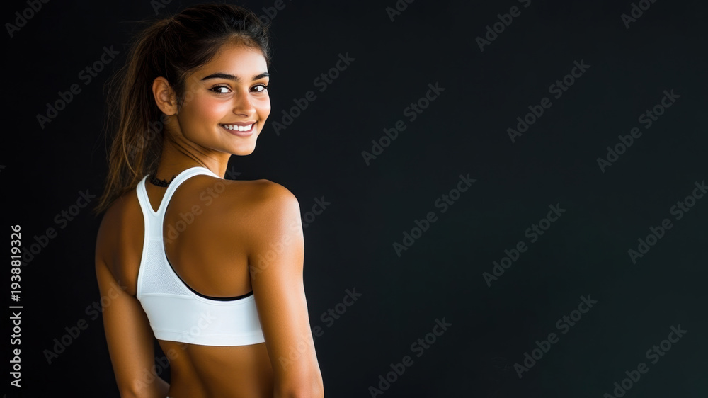 Obraz premium Pakistani sport woman athlete wearing white sportswear smiling isolated on black background