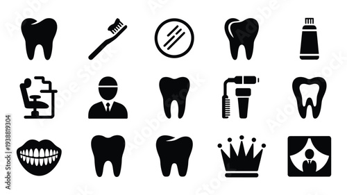 Collection of black silhouette icons representing dental healthcare and oral hygiene on white background including teeth toothbrush dentist and crown