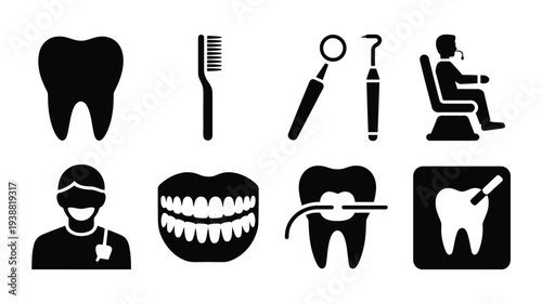 Dental healthcare icons set including tooth dentist tools and oral care symbols for medical and hygiene concepts