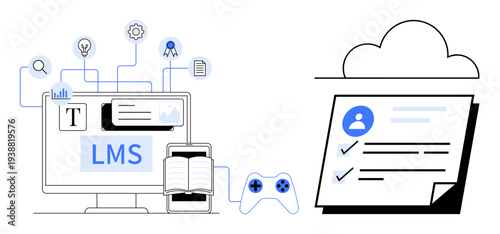 Desktop screen with LMS software, open book, tablet, and game controller connected to cloud and learning icons. Ideal for education, e-learning, training, technology, collaboration gamification