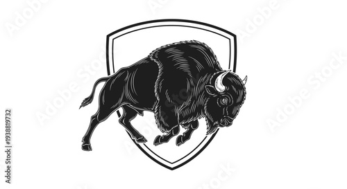 Black bison on shield logo symbol.