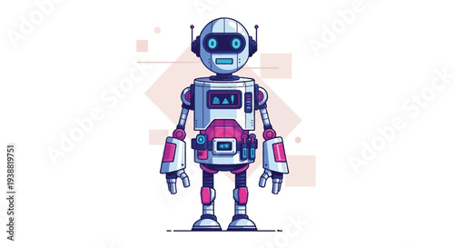 Stylized vector illustration of a friendly white and pink futuristic robot character standing centered for design concepts