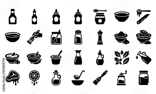 BBQ Sauces and Marinades Solid Icon Set – Ketchup, Mustard, Honey, Oil and Seasoning Icons