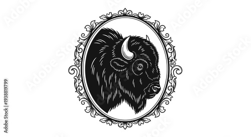 Bison Head in Oval Frame Portrait.