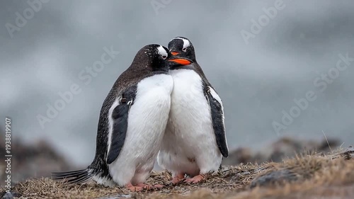 Adorable Gentoo Penguins Cuddling on a Rocky Shore, Showcasing Their Affectionate Bond.