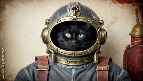 A unique cat portrait featuring a black cat in diving gear.