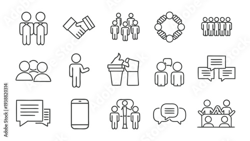 Set of characters working with computers, standing, talking and doing work. Flat design illustration