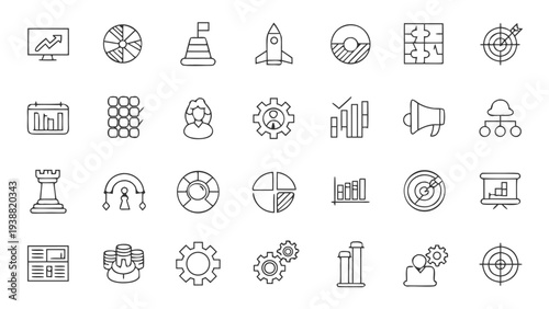 Business strategy set of web icons in line style. Business solutions icons for web and mobile app. Action List, research, solution, team, marketing, startup, advertising, business process, management