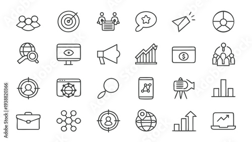 Marketing and advertising line icon set editable stroke vector graphic elements, Essential brand presence toolkit stock illustration