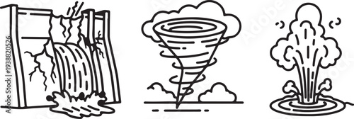 Dam Breach Tornado Geyser Natural Disasters Icons Isolated on white background