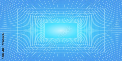 3d wireframe grid room. 3d perspective laser grid 16 9.. Cyberspace blue background with white mesh. Futuristic digital hallway space in virtual reality. Vector illustration.