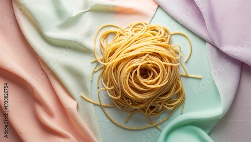 Aesthetic presentation of pasta with vibrant fabric textures enhancing appeal.