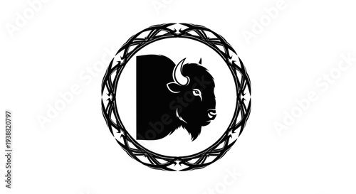 Black bison head in circle logo.