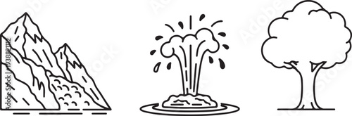 Mountain Geyser and Tree Icons with Water Splashes Isolated on white background
