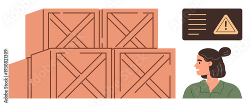 Workplace safety, employee training, logistics, warehouse management, supply chain, cargo handling. Stacked wooden crates, warning sign and a worker. Workplace safety and employee training concept