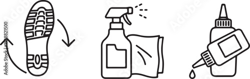 Shoe sole cleaning and repair process icons: cleaning spray cloth and glue applicator Isolated on white background