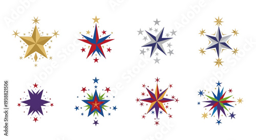 A vibrant collection of colorful stylized starbursts and twinkling stars ideal for graphic design on transparent background silhouette