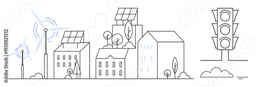 Renewable energy. Solar panels and wind turbines highlight clean energy solutions. Renewable energy promotes urban sustainability with eco-friendly city planning. For energy efficiency, city design