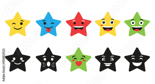 A collection of colorful and black smiling star characters with distinct faces on transparent background silhouette high quality professional
