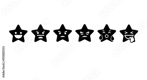 Six black star rating icons with different emotive faces are displayed ideal for graphic design on transparent background silhouette