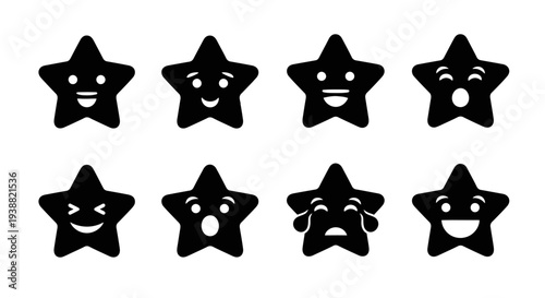 A collection of eight black star shaped emoticons with varying facial expressions on transparent background silhouette high quality professional detailed
