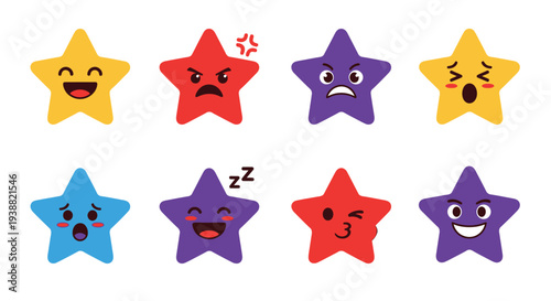 A collection of colorful expressive star shaped emoticons displaying various moods on transparent background silhouette high quality professional detailed modern