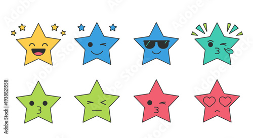 A collection of colorful expressive cartoon stars with unique faces and emotions on transparent background silhouette high quality professional